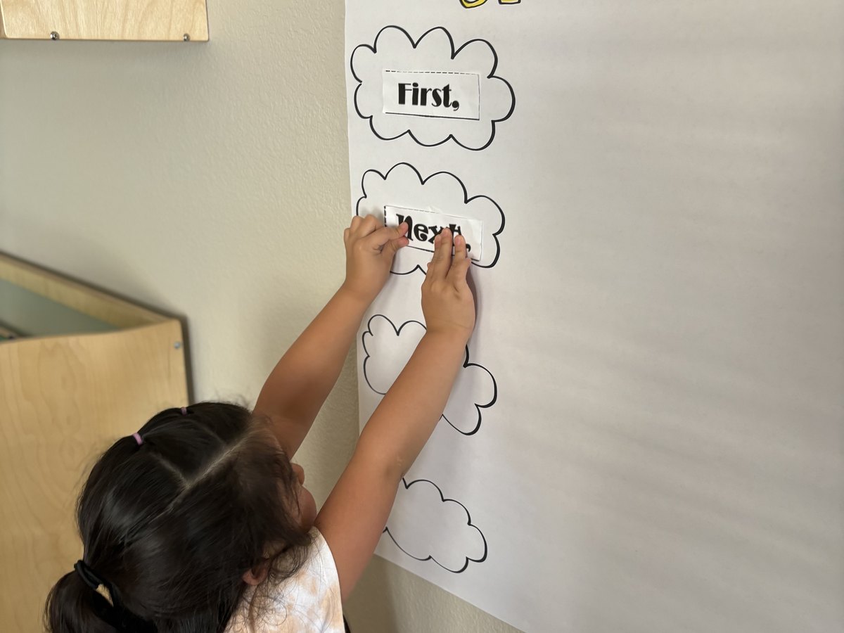A Pre-K child working at a story sequencing chart